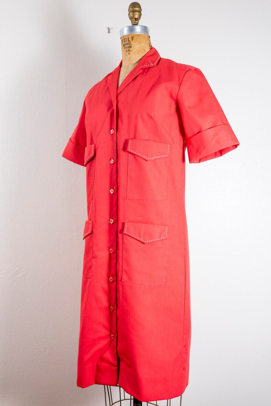 Vintage 60s Western Red Dress Pockets Rockabilly Stitch Coral Shift Sanforized M